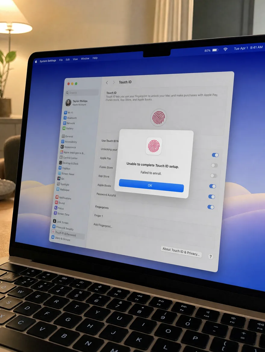 MacBook showing a Touch ID failed to enroll error in System Settings