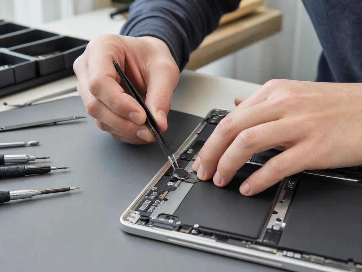 Technician replacing the Touch ID sensor on a MacBook during MacBook Touch ID replacement at KissMyMac