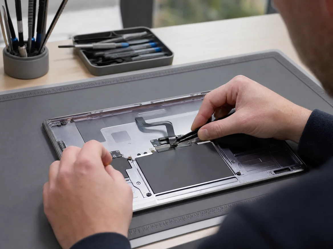 Technician fitting a new Force Touch trackpad during MacBook trackpad replacement at KissMyMac
