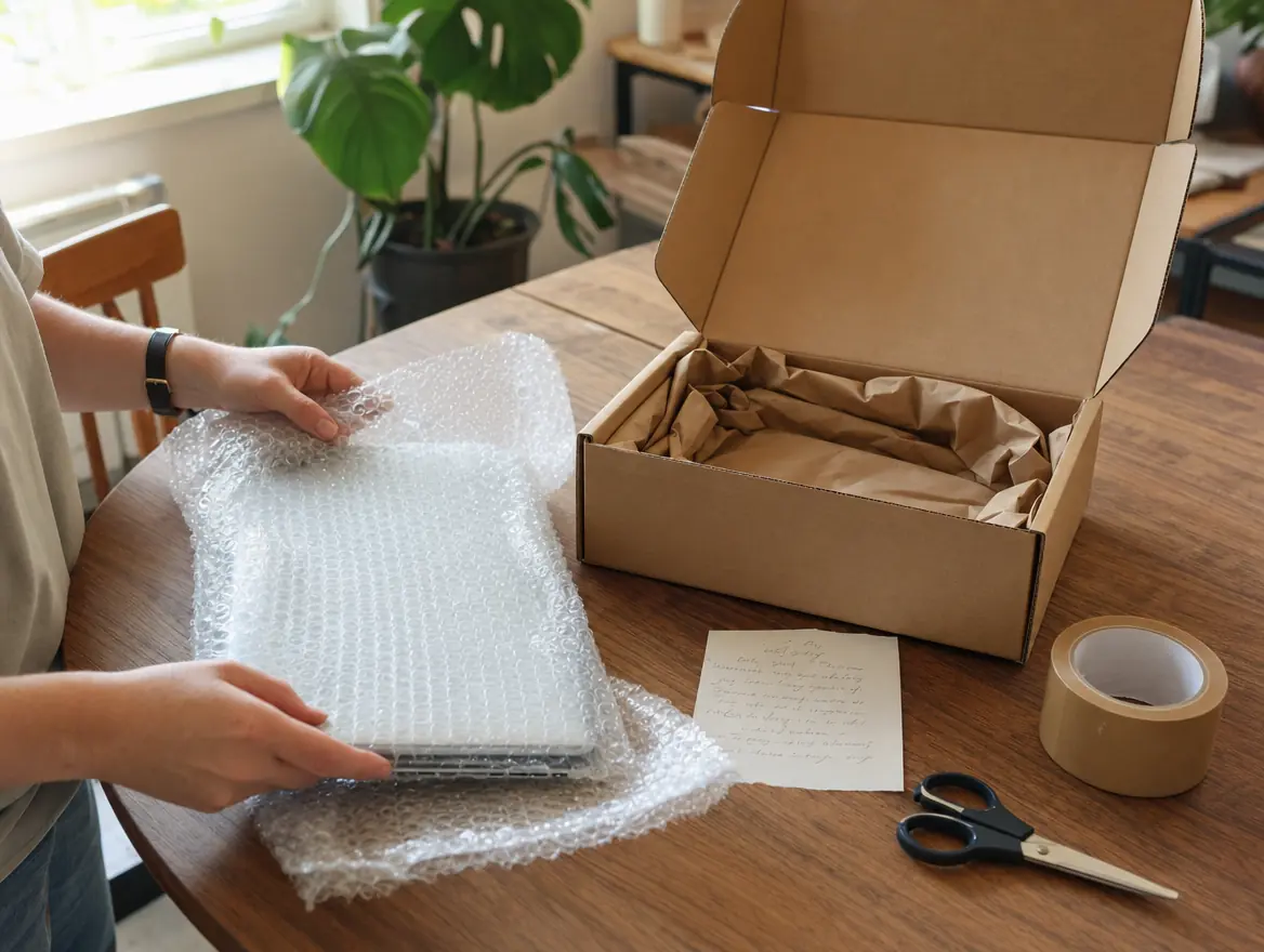 Packing a MacBook in bubble wrap and a padded box for mail-in repair to KissMyMac in Malaysia
