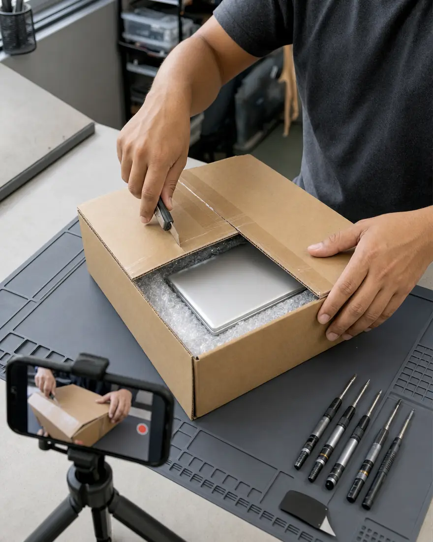 Technician filming a customer parcel being unboxed on arrival for a mail-in Apple repair at KissMyMac