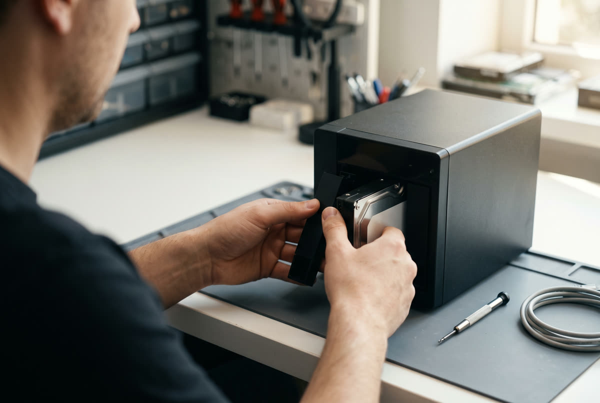 A KissMyMac technician installing a drive into a private cloud storage box on the workbench before delivery.